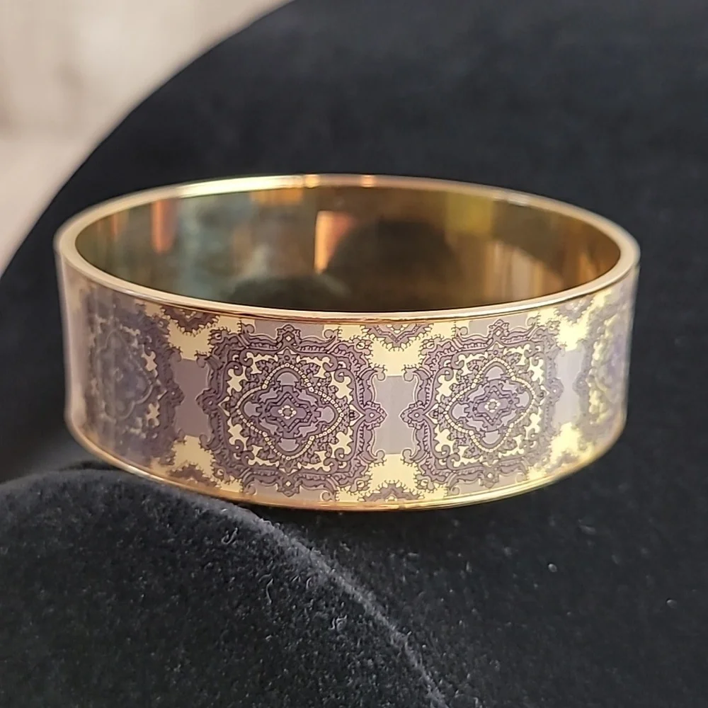 J.Crew Gold Toned Patterned Bangle Bracelet | Enamel Detail Cuff - Picture 1 of 3